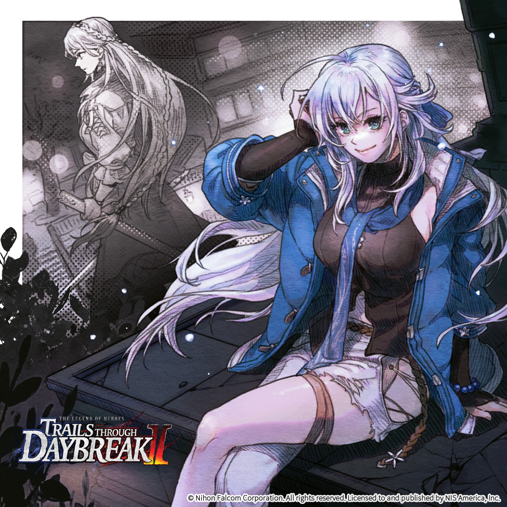 ahoge asymmetrical_legwear blue_eyes border braid breasts commentary crossed_bangs crown_braid denim double-parted_bangs eiyuu_densetsu elaine_auclair english_commentary english_text falcom floating_hair gahatree hair_between_eyes half_updo holding holding_sheath holding_sword holding_weapon jeans kai_no_kiseki kuro_no_kiseki_(series) large_breasts long_hair looking_at_viewer monochrome_background official_art outdoors pants rope sheath shimenawa shizuna_rem_misurugi single_braid sitting smile sword torn_clothes torn_jeans torn_pants weapon white_border