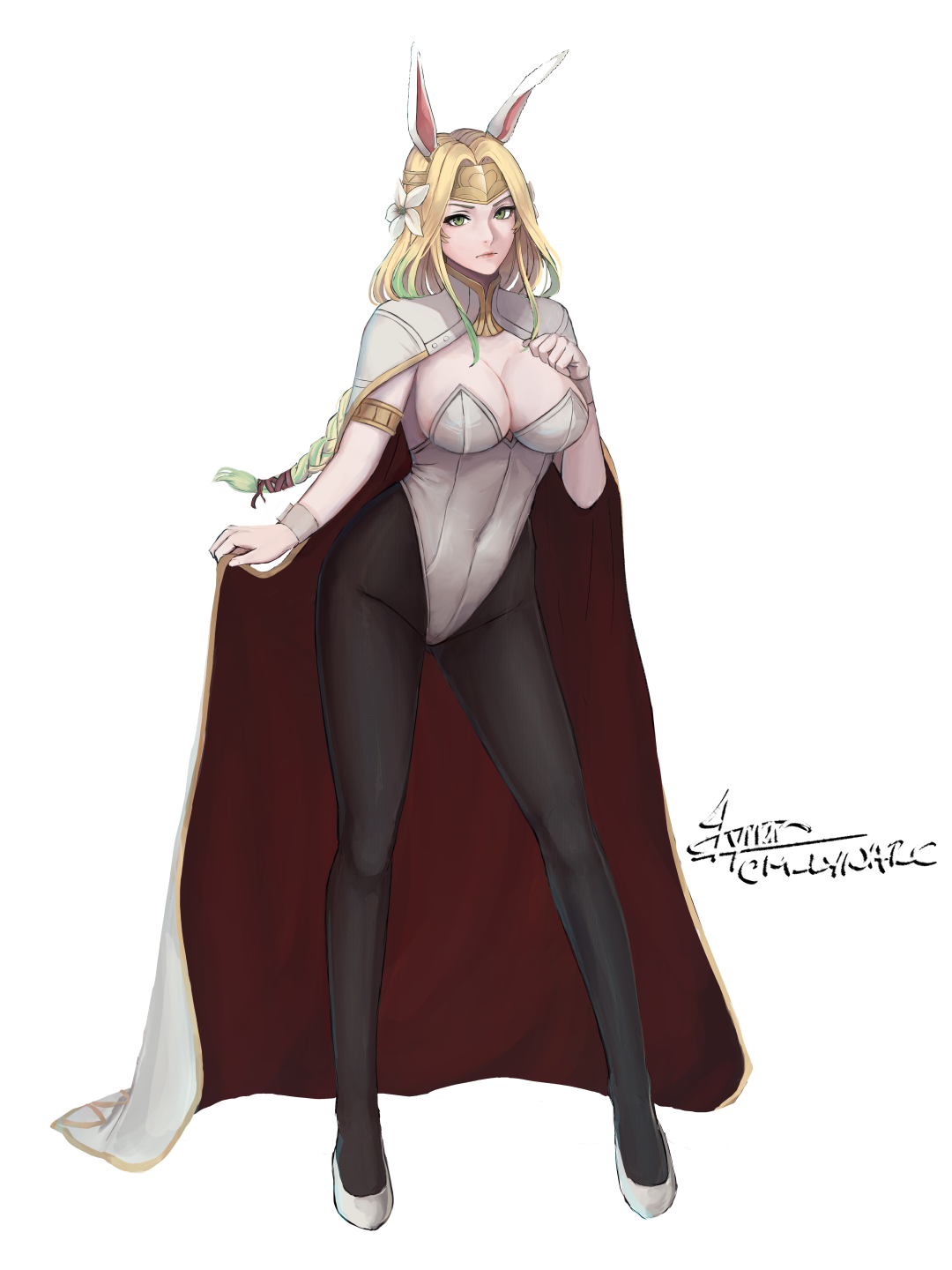 1girl alternate_costume alternate_hair_color animal_ears blonde_hair braid braided_ponytail breasts cape circlet cleavage covered_navel fire_emblem fire_emblem:_three_houses flower green_eyes green_hair hair_flower hair_ornament hair_tie high_heels highres holding holding_unworn_cape holding_unworn_clothes large_breasts leotard long_hair lynarc multicolored_hair nintendo pantyhose playboy_bunny rabbit_ears seiros_(fire_emblem) solo transparent_background two-tone_hair unworn_cape watermark white_cape