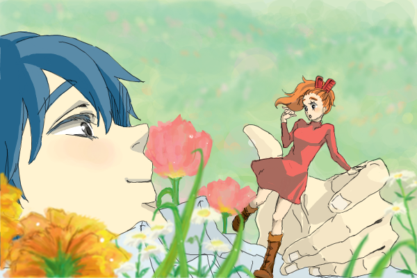 10s 1boy 1girl arrietty boots colored_eyelashes dress flower g_(pixiv230878) karigurashi_no_arrietty mini_person minigirl oekaki profile red_dress red_skirt shou_(karigurashi_no_arrietty) size_difference skirt smile studio_ghibli surprised
