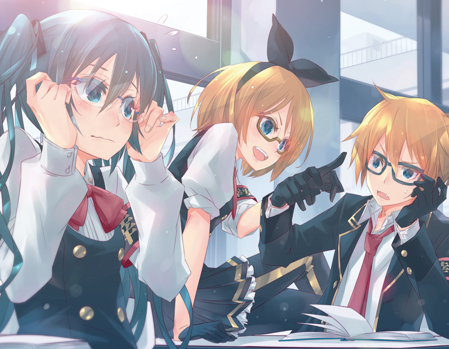 1boy 2girls aqua_eyes aqua_hair armband black_gloves blonde_hair blue_eyes blush brother_and_sister embarrassed fang glasses gloves hair_ribbon hatsune_miku jacket kagamine_len kagamine_rin kochira_koufuku_anshin_iinkai_desu_(vocaloid) long_hair monq multiple_girls necktie open_mouth ribbon school_uniform short_hair siblings sisters sitting skirt smile thighhighs twins twintails very_long_hair vocaloid wavy_mouth