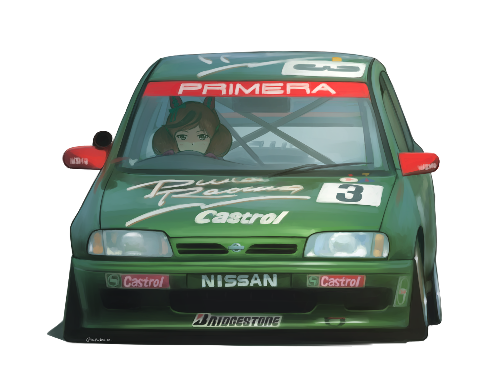 animal_ears balladeluce black_hair bridgestone brown_hair car castrol driving ear_covers highres horse_ears horse_girl japanese_touring_car_championship motor_vehicle multicolored_hair nice_nature_(umamusume) nissan nissan_primera nissan_primera_p10 race_vehicle racecar shadow sponsor stance_(vehicle) streaked_hair twintails umamusume vehicle_focus white_background