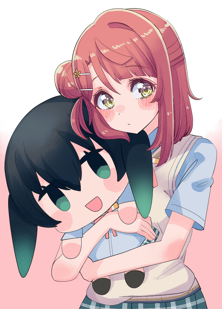 1girl black_hair blue_shirt blue_skirt blush brown_eyes brown_hair brown_vest commentary_request cream_(nipakupa) gradient_hair green_eyes green_hair hair_bun hair_ornament hairclip holding holding_stuffed_toy hug love_live! love_live!_nijigasaki_high_school_idol_club multicolored_hair neck_ribbon nijigasaki_school_uniform open_mouth plaid_clothes plaid_skirt red_ribbon ribbon school_uniform shirt single_hair_bun skirt smile stuffed_toy takasaki_yu twintails uehara_ayumu vest