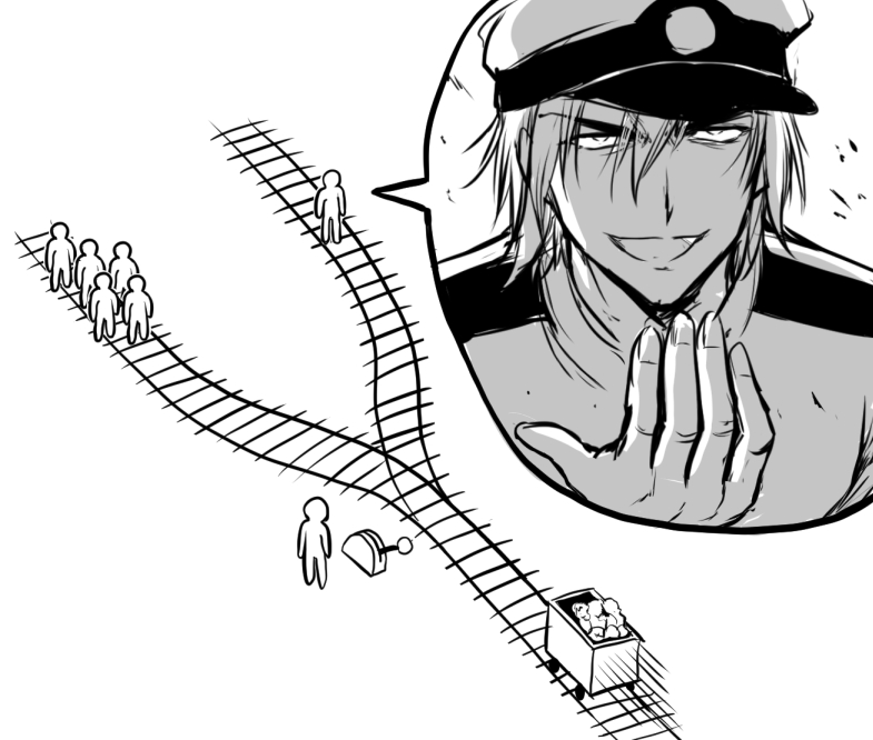 1boy admiral_(kancolle) beckoning comic commentary_request crowd epaulettes greyscale hair_between_eyes hand_up hat kantai_collection male_focus meme military military_uniform mine_cart monochrome motion_lines peaked_cap railroad_tracks smile speed_lines switch trolley_problem_(meme) yamamoto_arifred