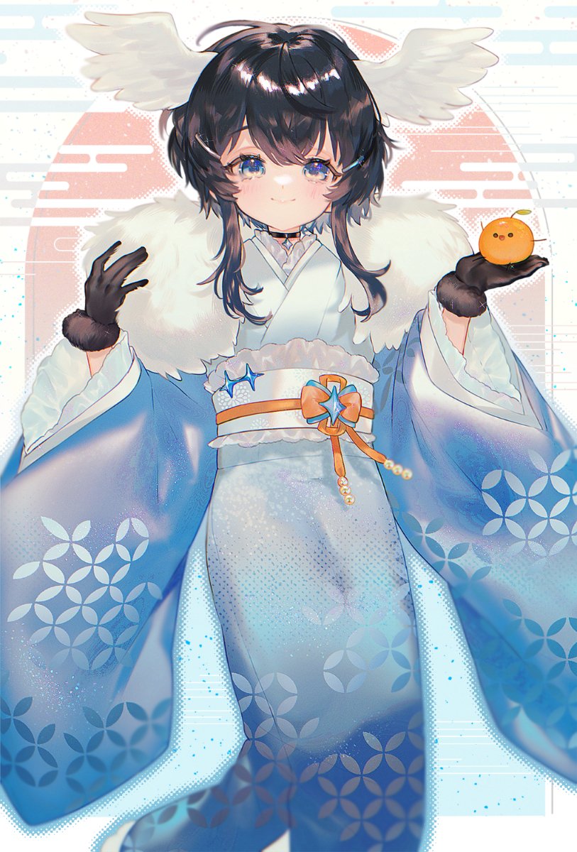 1girl black_gloves black_hair blue_eyes blue_kimono closed_mouth commentary_request egasumi feathered_wings fur-trimmed_gloves fur_collar fur_trim gloves hair_between_eyes hair_ornament hairclip hands_up head_wings highres indie_virtual_youtuber japanese_clothes kimono kurata_rine_(vtuber) long_hair long_sleeves looking_at_viewer makoto_(konbumi) obi sash second-party_source sidelocks smile solo virtual_youtuber white_wings wide_sleeves wings