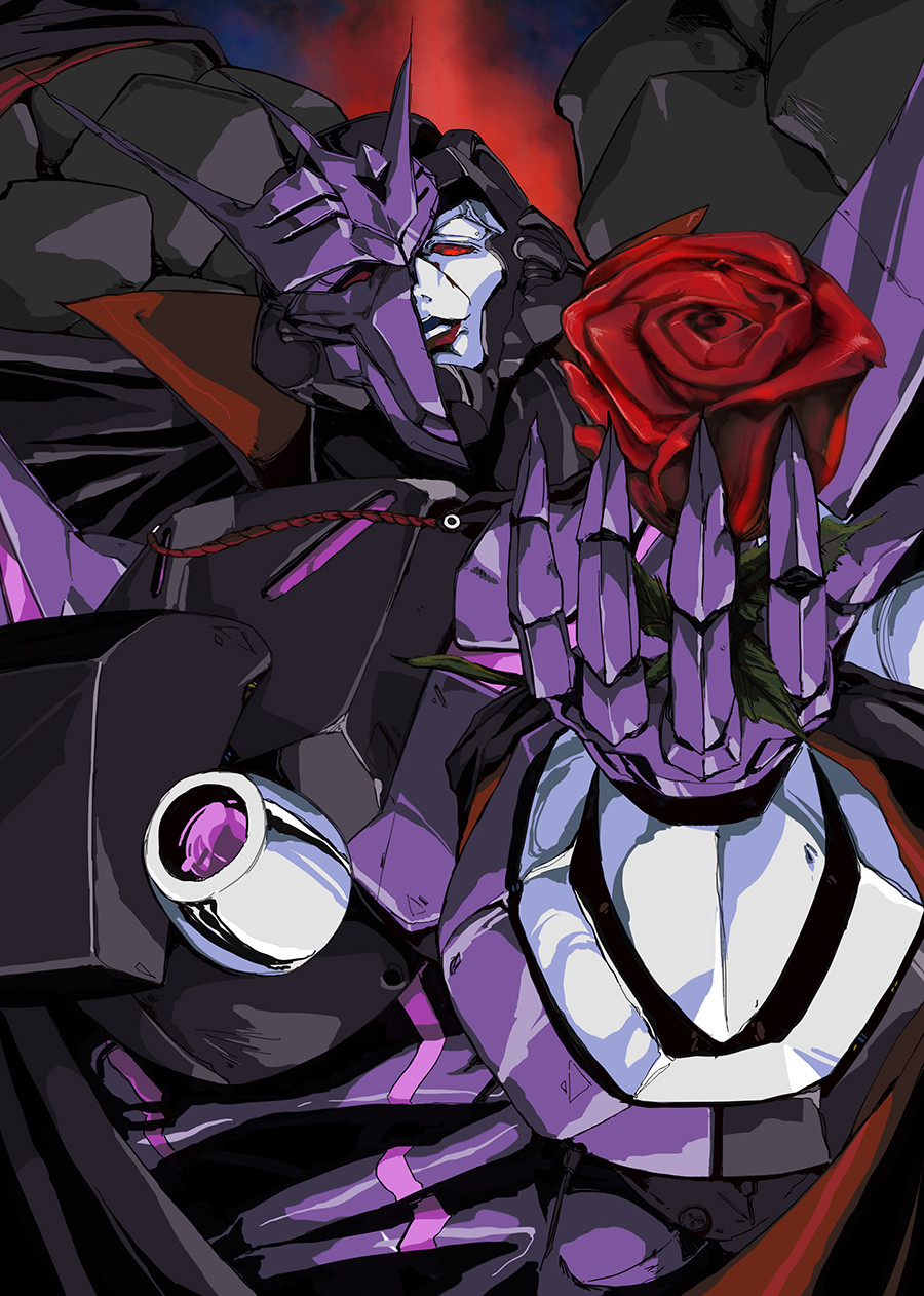 1boy broken_mask commentary decepticon english_commentary flower highres hinomars19 holding holding_flower looking_down mask mecha no_humans parted_lips red_eyes red_flower red_rose retro_artstyle robot rose smile solo tarn the_transformers_(idw) transformers