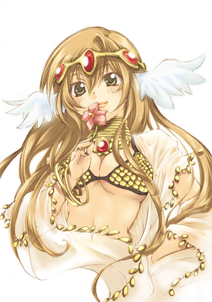 1girl 2000s_(style) bikini breasts brown_eyes brown_hair circlet cleavage closed_mouth commentary_request dancer dancer_(ragnarok_online) flower gem gold head_wings holding holding_flower jewelry kirou_ran large_breasts long_hair looking_at_viewer neck_ring pink_flower ragnarok_online red_gemstone sequins simple_background smile solo swimsuit upper_body white_background white_wings wings yellow_bikini