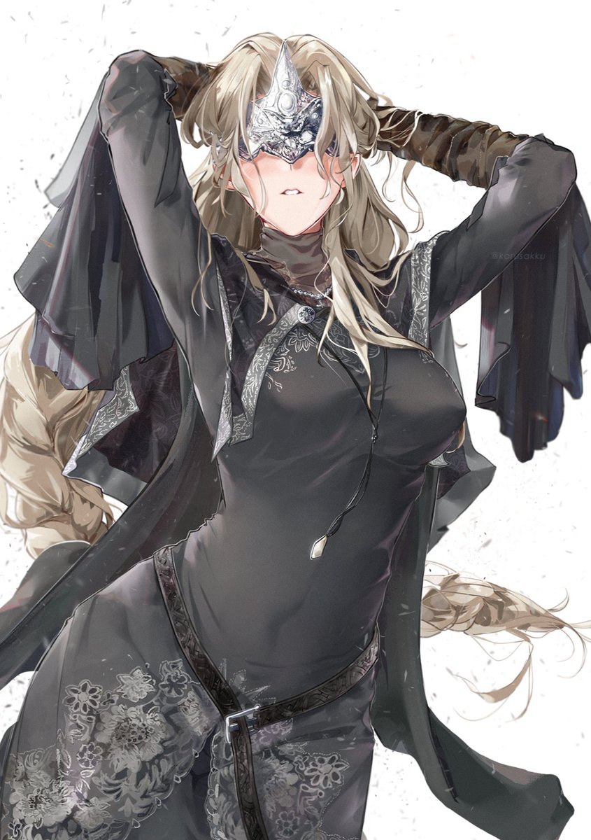 1girl arms_up belly belt blonde_hair braid breasts cloak dark_souls_(series) dark_souls_iii dress fire_keeper grey_dress highres korusakku legs long_hair looking_at_viewer mask medium_breasts narrow_waist simple_background solo thighs turtleneck