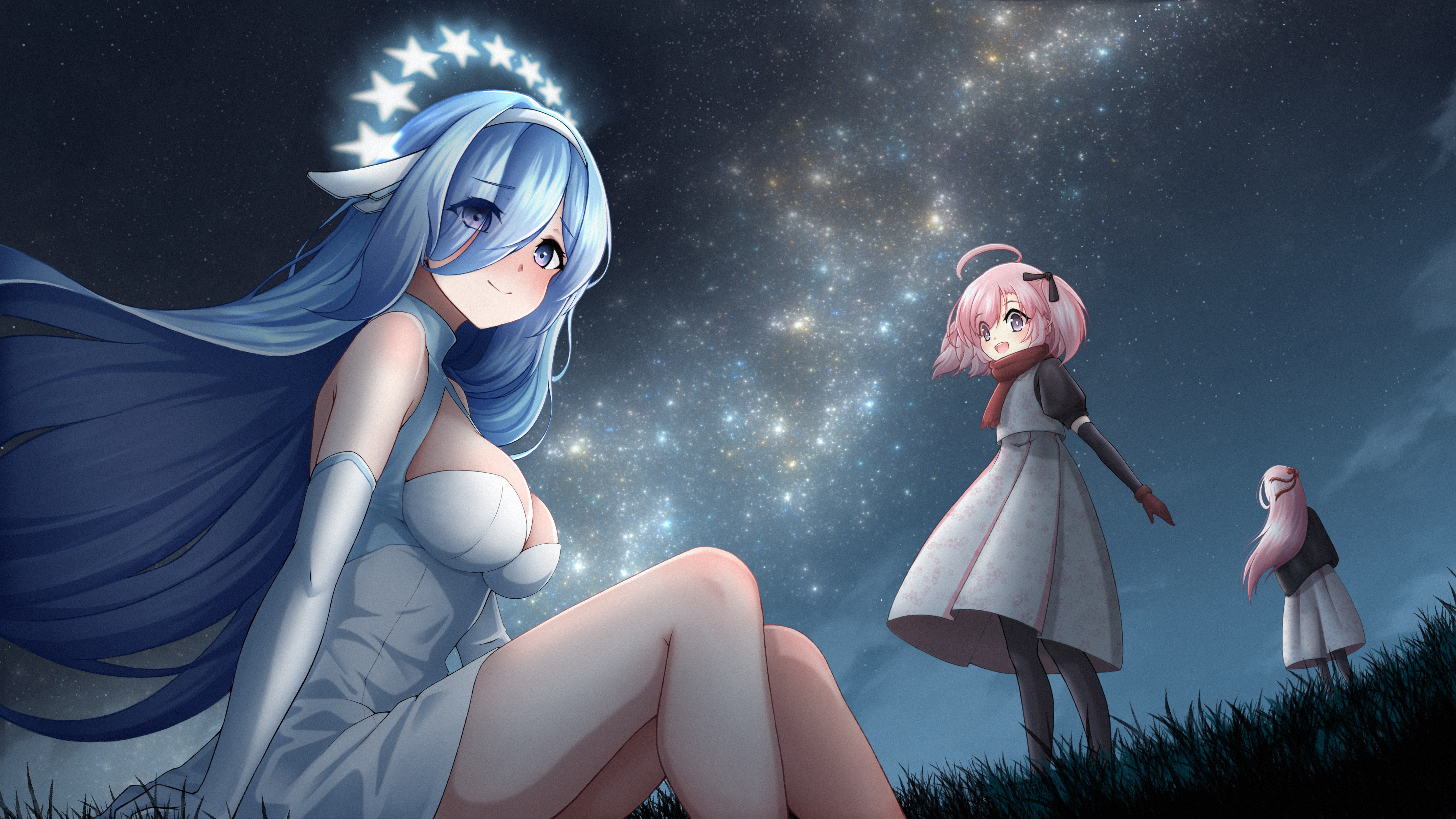 3girls absurdres ahoge axelsworks azur_lane black_ribbon blue_hair blush breasts cleavage closed_mouth constellation_(azur_lane) dress elbow_gloves eyes_visible_through_hair frilled_dress frills gloves grass hair_over_one_eye hair_ribbon hairband highres large_breasts lexington_(azur_lane) long_bangs long_hair looking_at_viewer multiple_girls night night_sky outdoors pink_hair purple_eyes red_scarf ribbon saratoga_(azur_lane) scarf short_dress short_hair sitting sky smile star_(sky) starry_sky very_long_hair white_dress white_gloves white_hairband