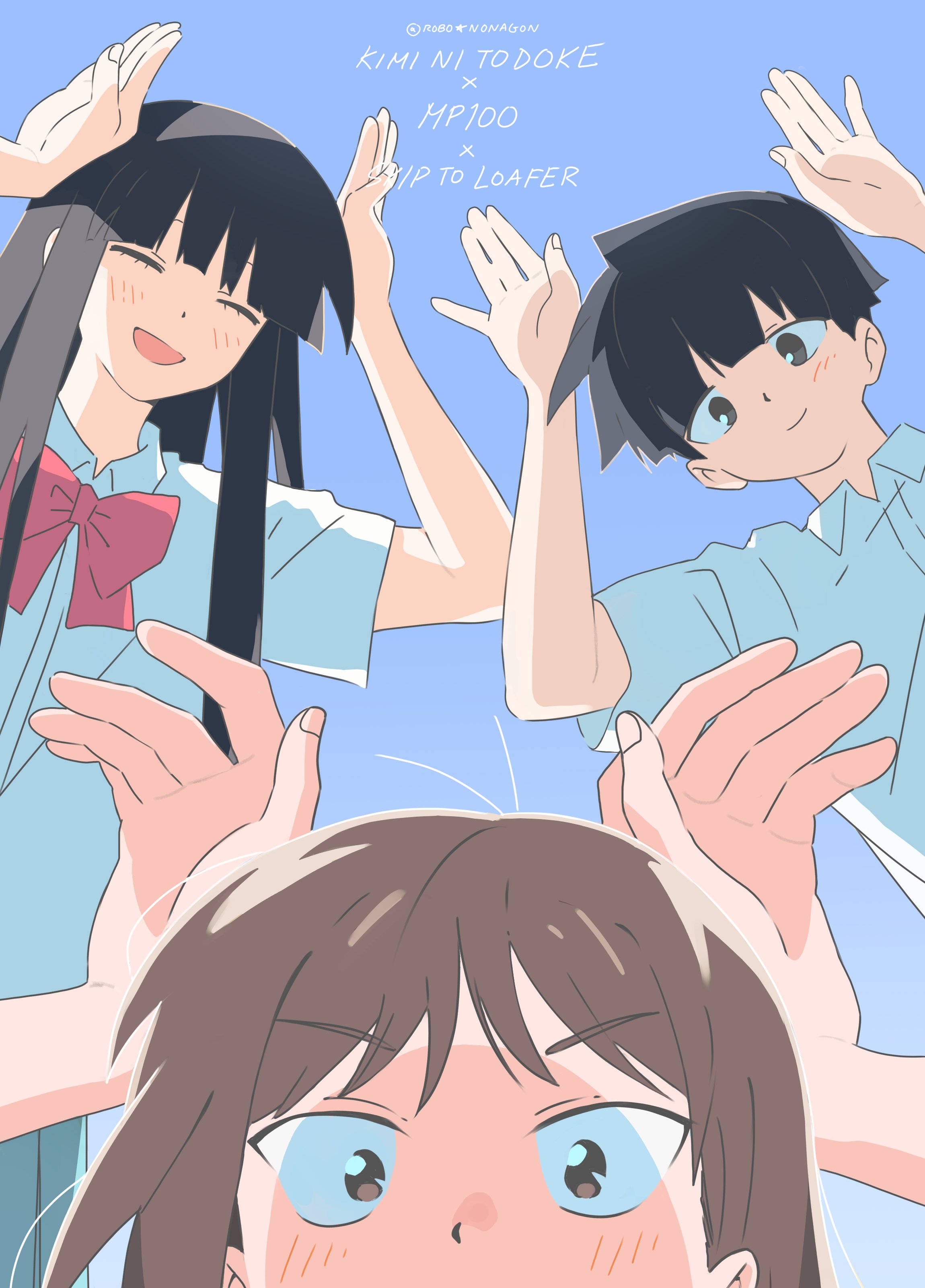 1boy 2girls absurdres arms_up black_eyes black_hair blue_background blunt_bangs blush bow closed_eyes closed_mouth collared_shirt commentary copyright_name crossover dot_nose english_commentary hair_between_eyes highres iwakura_mitsumi kageyama_shigeo kimi_ni_todoke kuronuma_sawako looking_at_viewer mob_psycho_100 multiple_girls open_mouth rabbit_pose red_bow robo_nonagon shirt skip_to_loafer twitter_username wing_collar