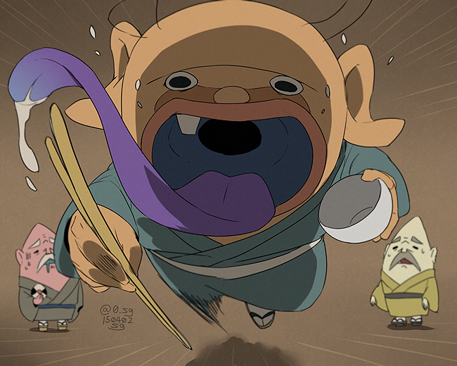10s artist_name bald bowl chopsticks colored_tongue dated drooling geta gradient_background himojii japanese_clothes kimono komejii kuiijii long_tongue open_mouth purple_tongue saliva sg_(suuchan) socks standing tongue tongue_out traditional_youkai twitter_username youkai_watch
