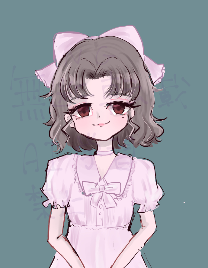 aramaki_kayono brown_hair digimon digimon_ghost_game lipstick looking_at_viewer makeup my_(pixiv587991) pink_lips red_eyes ribbon smile