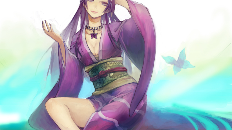 arm_up breasts bug butterfly cleavage fingernails hand_in_own_hair insect japanese_clothes jewelry kimono large_breasts legs lips long_hair long_sleeves necklace nouhime obi purple_eyes purple_hair sash sengoku_musou sitting