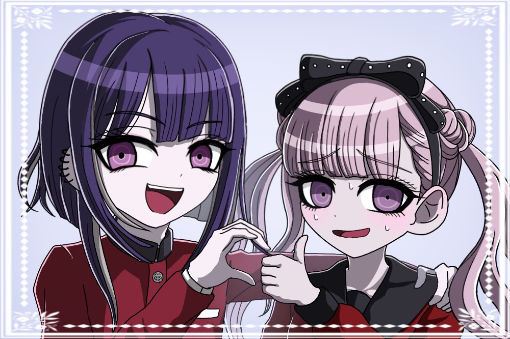 1boy 1girl black_bow blush bow brother_and_sister eyebrows eyelashes grey_background heart heart_hands heart_hands_duo heart_hands_failure looking_at_viewer matching_hair/eyes open_mouth pink_eyes pink_hair purple_eyes purple_hair siblings simple_background sweat teeth the_hundred_line_-last_defense_academy- thumbs_up tongue tsukumo_ima tsukumo_kako twins upper_teeth_only