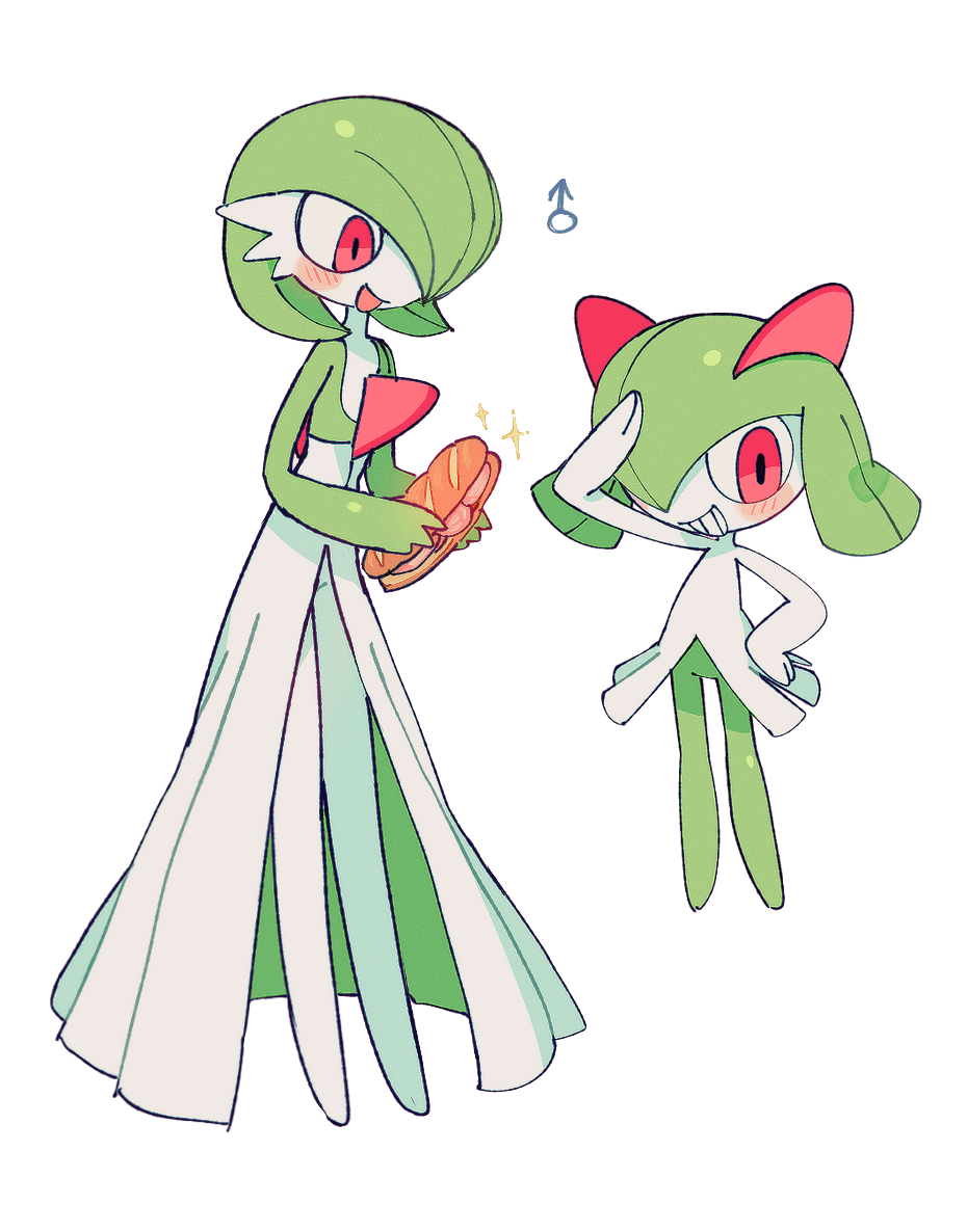 2boys arm_up batrobin_k blush blush_stickers bob_cut colored_skin flat_chest food full_body gardevoir gen_3_pokemon green_skin grin hair_over_one_eye hand_on_own_hip hands_up happy holding holding_food holding_sandwich kirlia legs looking_afar looking_at_another male_focus mars_symbol medium_hair multicolored_skin multiple_boys nintendo no_feet one_eye_covered open_mouth pokemon pokemon_(creature) red_eyes salute sandwich short_hair sidelocks simple_background smile sparkle standing submarine_sandwich teeth trap two-tone_skin white_background white_skin
