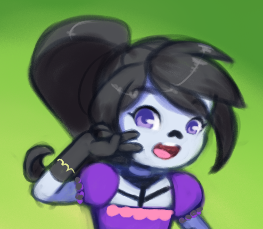 1girl black_gloves black_hair blue_skin catalina_(catalina_la_catrina) catalina_la_catrina colored_skin drantyno dress gloves green_background long_hair looking_at_viewer open_mouth ponytail puffy_sleeves purple_dress purple_eyes short_sleeves smile teeth televisa upper_body v