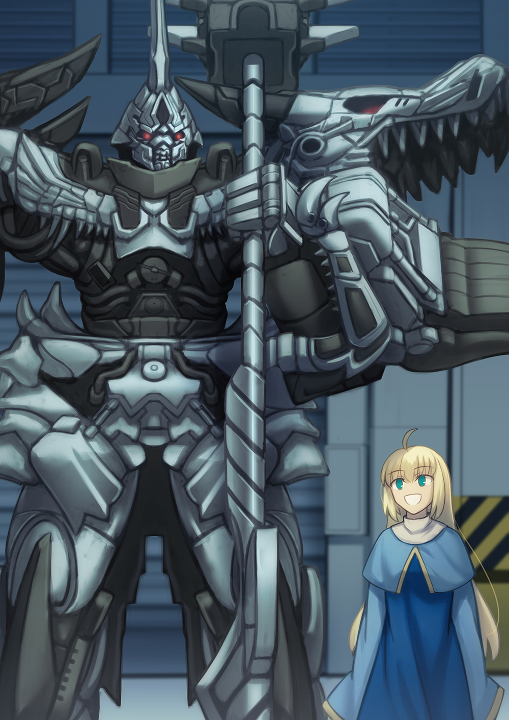 1boy 1girl ahoge artoria_pendragon_(fate) autobot blonde_hair commission crossover dinosaur fate/grand_order fate/stay_night fate_(series) green_eyes grimlock highres long_hair long_sleeves machinery mecha pixiv_commission red_eyes robot shoori_(migiha) transformers transformers_(live_action) tyrannosaurus_rex weapon