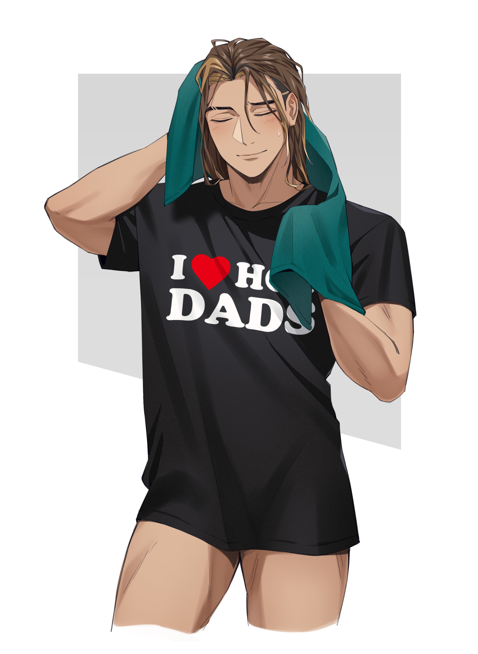 1boy absurdres black_shirt blush bottomless brown_hair closed_eyes clothes_writing cowboy_shot cropped_legs dark-skinned_male dark_skin drying eyebrow_cut goldbullet grey_background heart highres holostars holostars_english i_heart... lacka long_hair long_shirt male_focus no_pants print_shirt shirt simple_background solo sweatdrop t-shirt thick_eyebrows towel virtual_youtuber