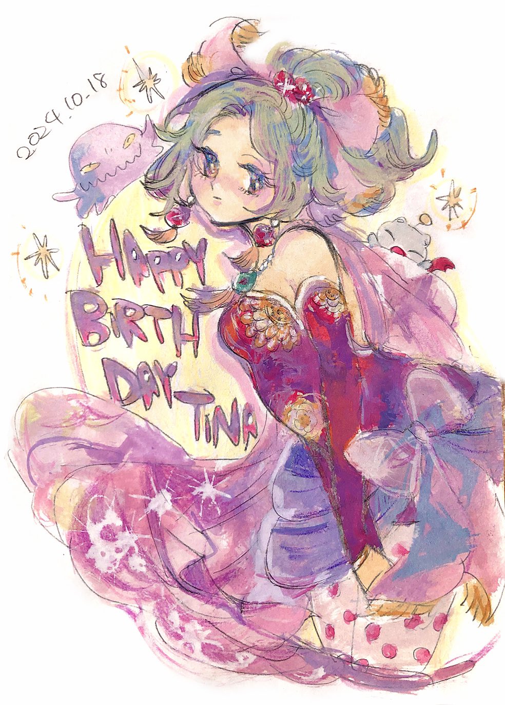 1girl breasts cape character_name closed_eyes closed_mouth dated dress earrings final_fantasy final_fantasy_vi green_hair happy_birthday highres jewelry long_hair looking_at_viewer moogle moshimoshi_(if2028) necklace polka_dot_pantyhose purple_cape red_dress red_sleeves simple_background solo tina_branford ultros upper_body