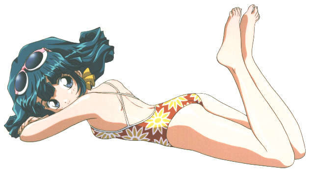 1990s_(style) 1girl aqua_eyes aqua_hair bare_shoulders barefoot casual_one-piece_swimsuit crossed_arms eyewear_on_head female_focus floral_print full_body looking_at_viewer lying official_art on_stomach one-piece_swimsuit retro_artstyle rolfee simple_background smile solo swimsuit tadano_kazuko tonari_no_princess_rolfee white_background