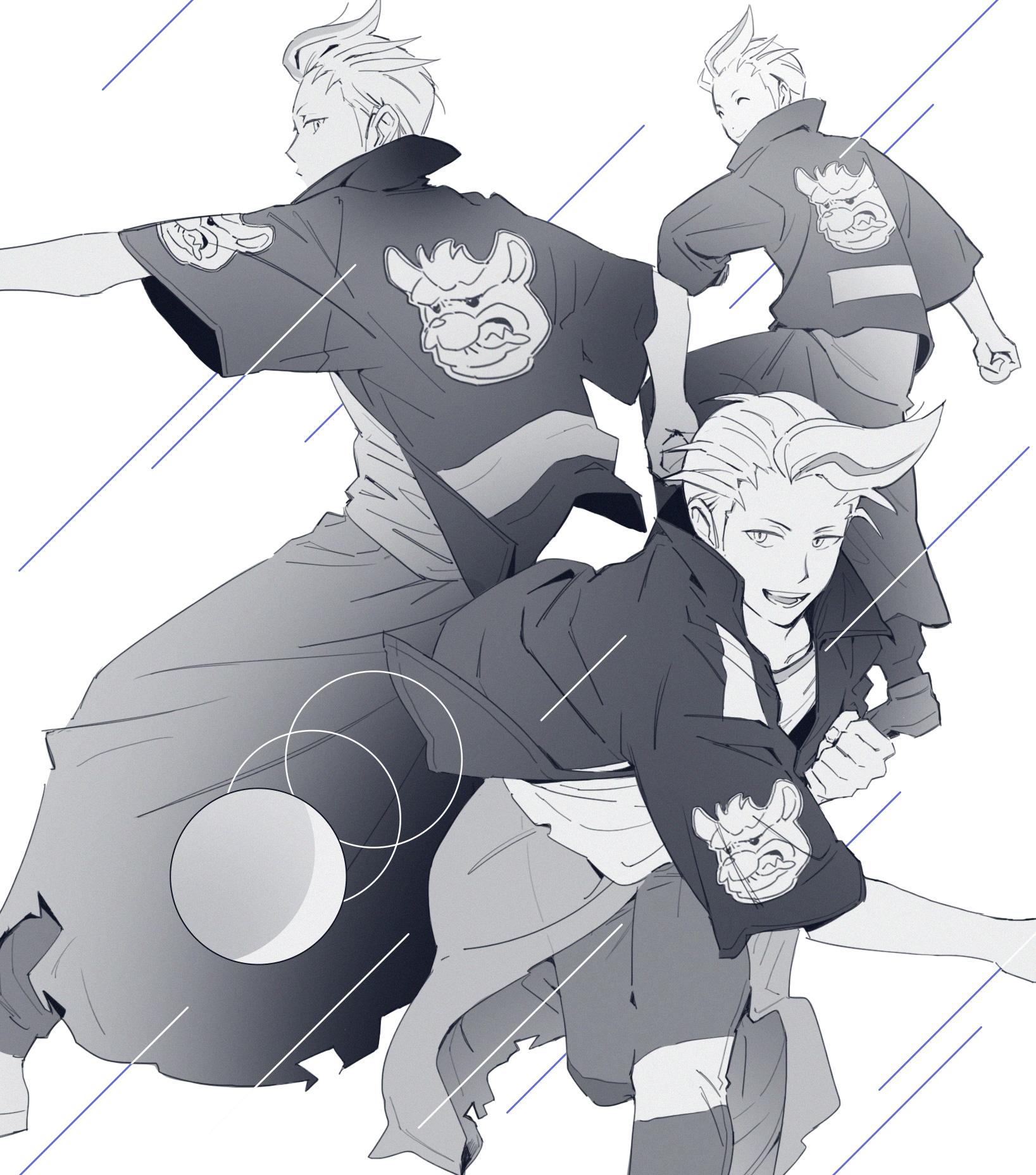1boy closed_eyes drayton_(pokemon) greyscale highres holding holding_poke_ball jacket male_focus manyrowlet monochrome multicolored_hair multiple_views nintendo open_clothes open_jacket open_mouth pants poke_ball pokemon pokemon_sv shirt short_hair smile spot_color streaked_hair teeth throwing throwing_poke_ball