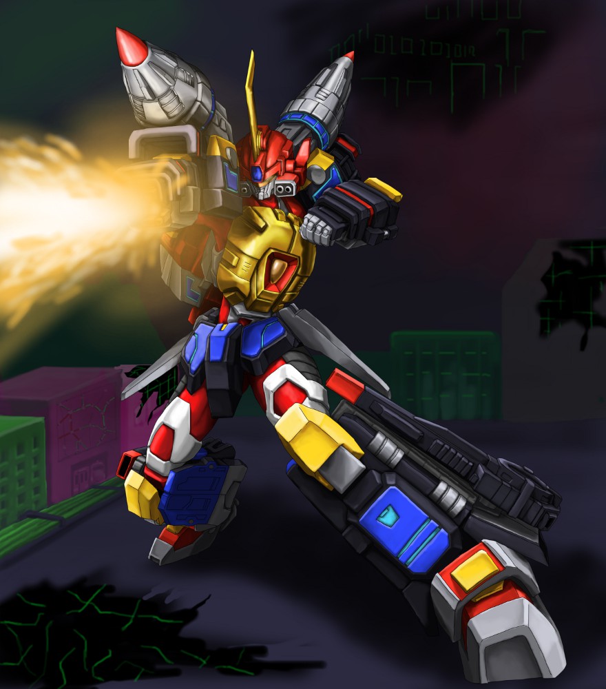 armor beam denkou_choujin_gridman drill gridman_(character) helmet mecha minori_0214 no_humans no_pupils orange_eyes robot thunder_gridman tokusatsu