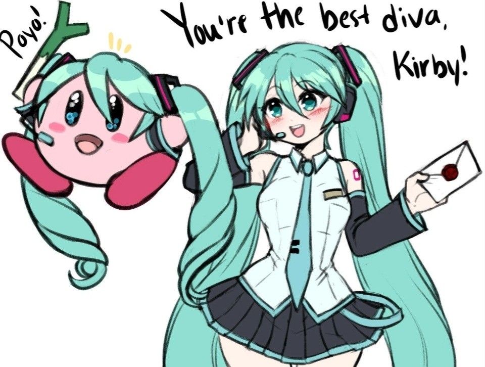 1girl aqua_hair artist_request blue_eyes blush_stickers commentary_request cosplay crossover detached_sleeves hatsune_miku hatsune_miku_(cosplay) hatsune_miku_(vocaloid3) holding kirby kirby_(series) long_hair looking_at_viewer necktie nintendo non-web_source open_mouth simple_background skirt smile source_request twintails very_long_hair vocaloid