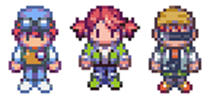 1girl 2boys atsushi_(digimon_world_3) digimon digimon_world_3 goggles goggles_on_head hat lowres minori_(digimon_world_3) multiple_boys official_art red_hair sprite takumi_(digimon_world_3)