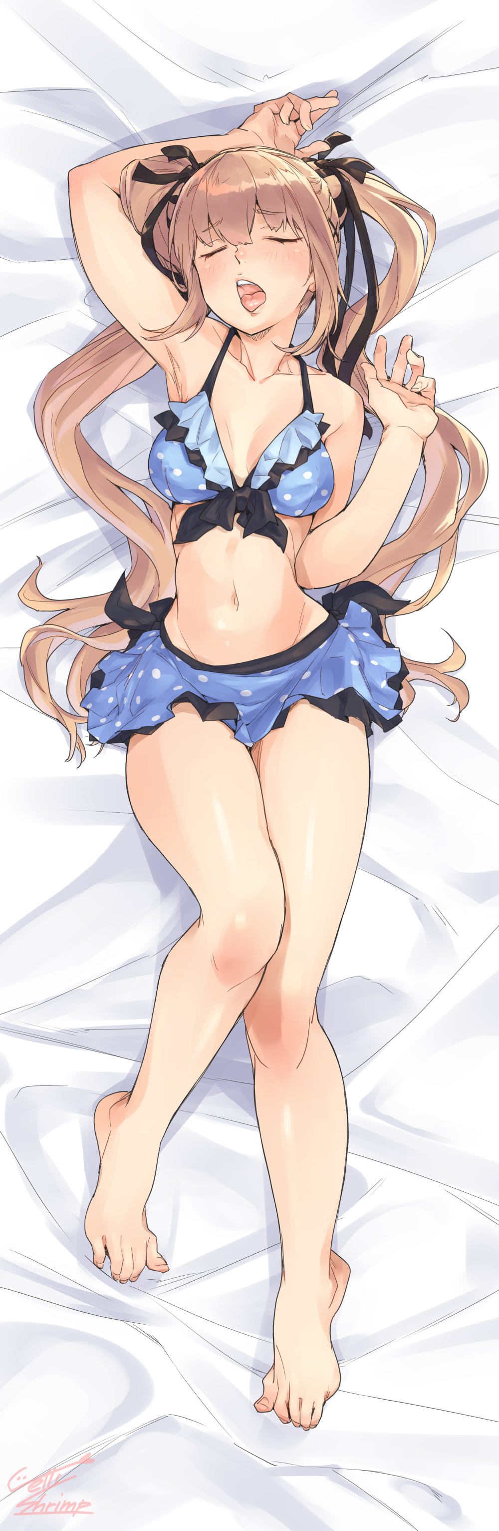 1girl absurdres bikini bikini_skirt black_ribbon blue_bikini breasts closed_eyes dakimakura_(medium) dead_or_alive dead_or_alive_5 hair_ribbon highres jelly_shrimp light_brown_hair long_hair lying marie_rose medium_breasts navel on_back open_mouth polka_dot polka_dot_bikini ribbon solo swimsuit twintails very_long_hair
