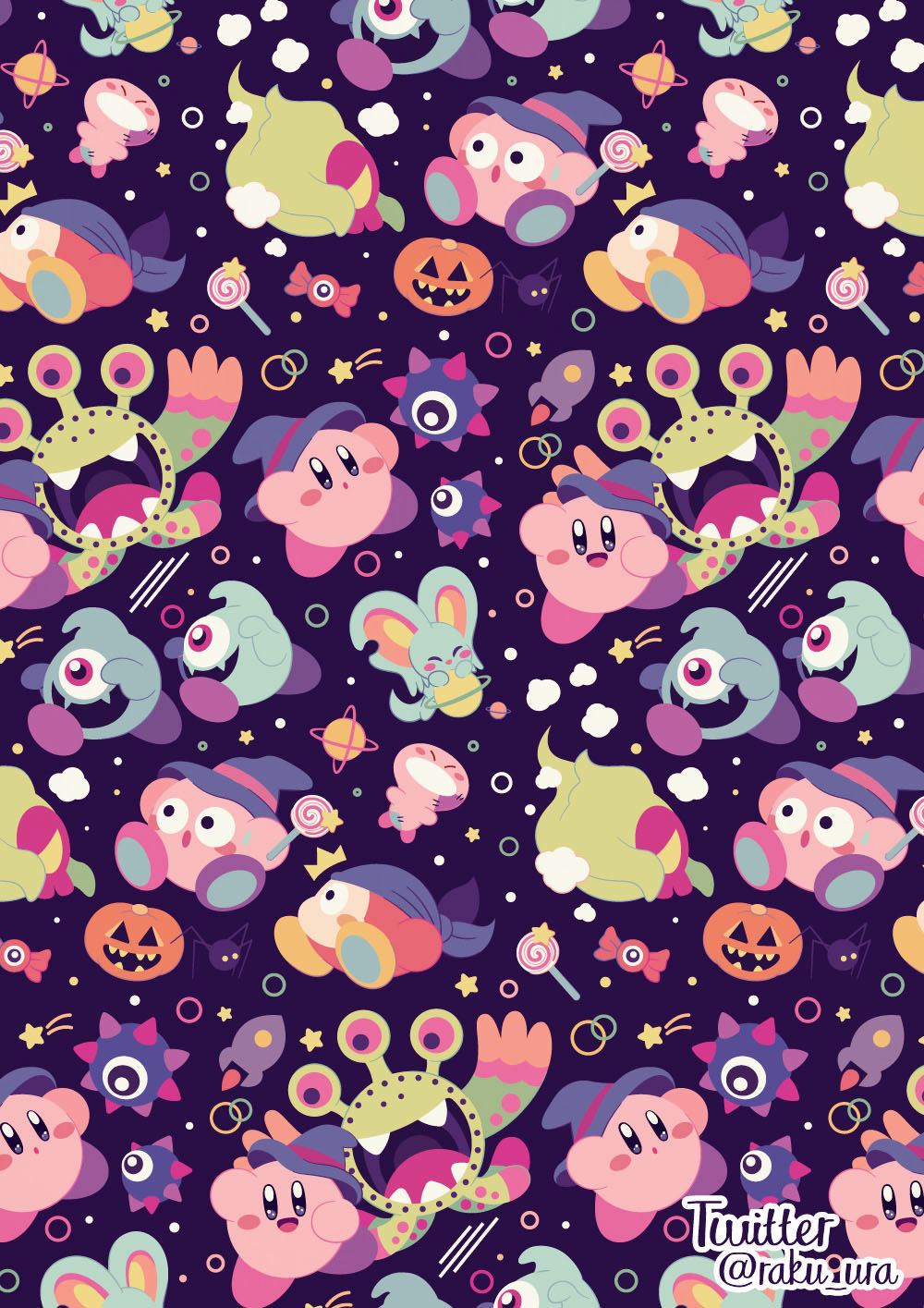 bandana bandana_waddle_dee blue_bandana candy elfilin fangs food ghost_gordo halloween hat highres invincible_candy jack-o&#039;-lantern kirby kirby_(series) kirby_and_the_forgotten_land light-bulb_mouth mariel_(kirby) mouthful mouthful_mode nintendo notched_ear one-eyed phanta_(kirby) raku_ura rocket smile solid_oval_eyes spookstep surprise_alien_board surprised twitter_username witch_hat