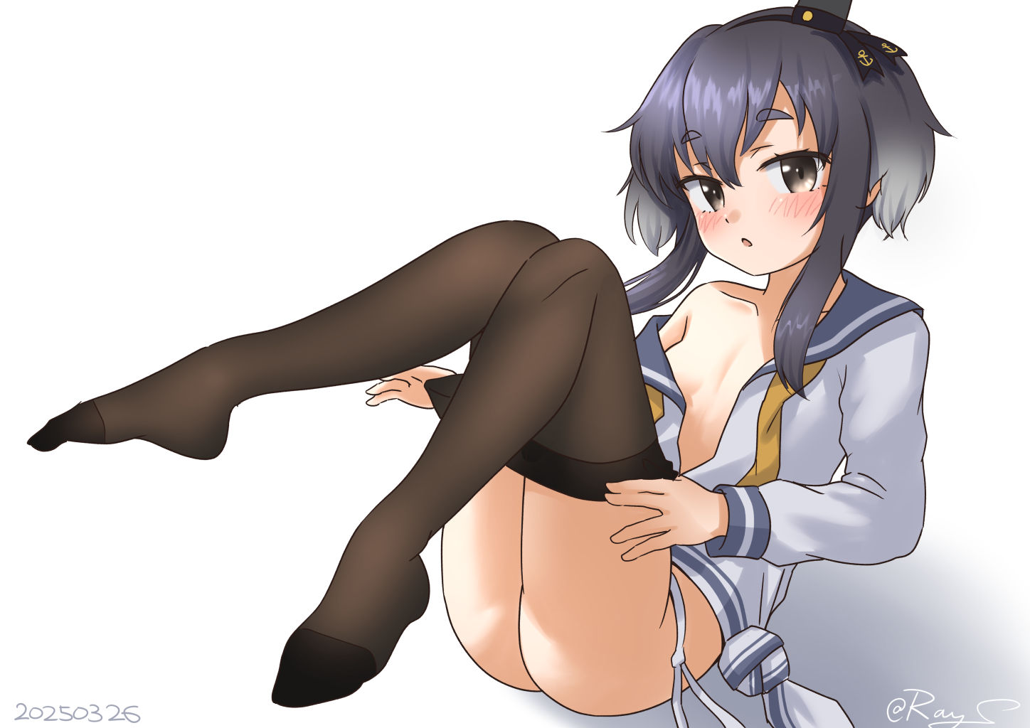 1girl black_hair blue_sailor_collar blush breasts brown_eyes dress dressing gradient_hair grey_hair hairband hat kantai_collection long_sleeves lowleg lowleg_pantyhose multicolored_hair neckerchief no_pants open_clothes open_mouth open_shirt pantyhose ray.s sailor_collar sailor_dress shirt short_hair short_hair_with_long_locks sitting small_breasts smokestack_hair_ornament tied_shirt tokitsukaze_(kancolle) twitter_username white_background yellow_neckerchief
