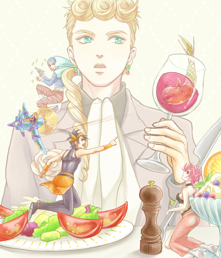1girl 3boys aerosmith_(stand) alcohol bib clash_(stand) cup curly_hair drinking_glass giorno_giovanna guido_mista jojo_no_kimyou_na_bouken knife mini_person miniboy minigirl multiple_boys narancia_ghirga ponytail salad sex_pistols_(stand) shakata_(ozi3) stand_(jojo) trish_una vento_aureo wine wine_glass
