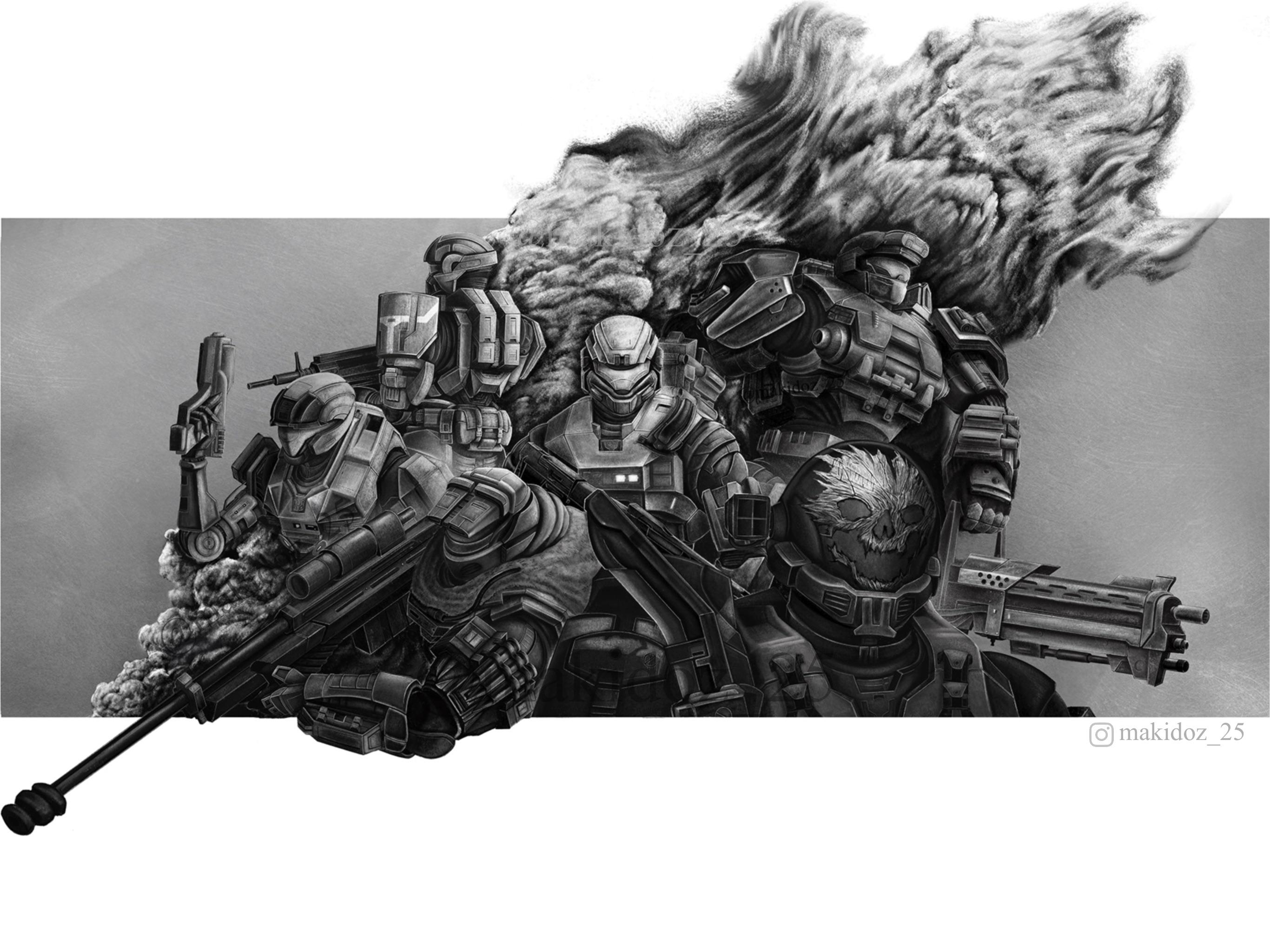 1girl 5boys armor assault_rifle assault_visor bullpup carter-a259 catherine-b320 commentary emile-a239 english_commentary fire greyscale gun halo:_reach halo_(series) handgun helmet highres holding holding_gun holding_weapon instagram_username jorge-052 jun-a266 ma5 makidoz mechanical_arms monochrome multiple_boys power_armor rifle shotgun single_mechanical_arm smoke sniper_rifle spartan-b312 weapon
