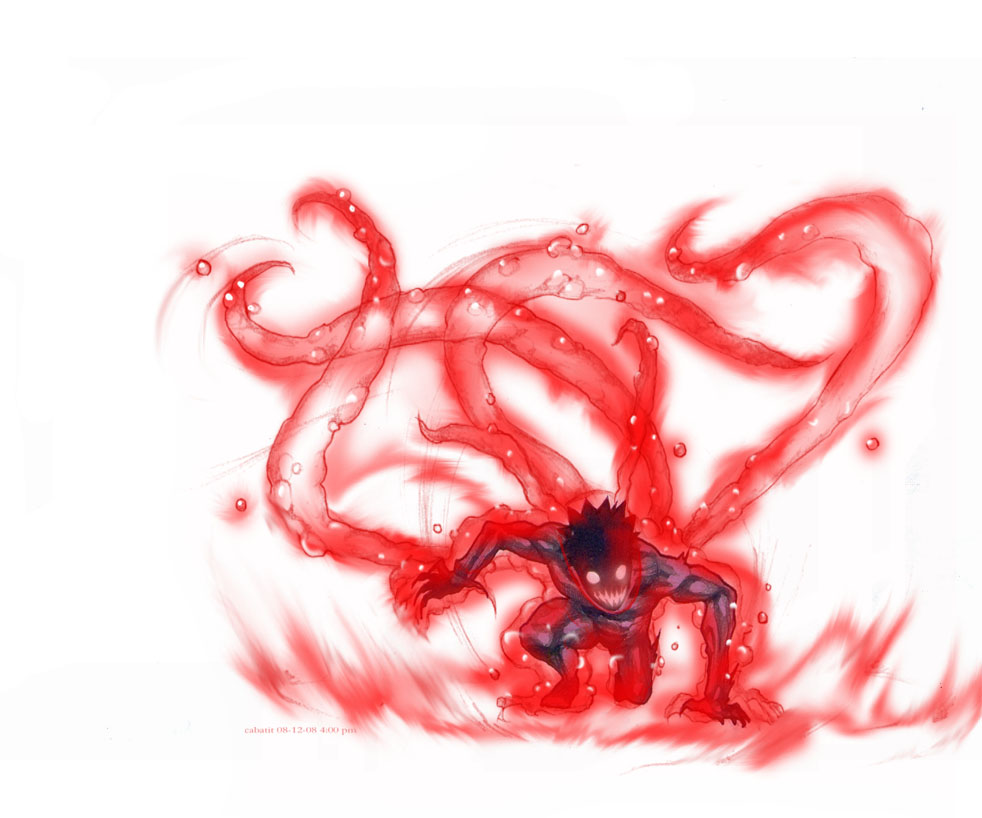 1boy 2008 alternate_form aura blank_eyes bubble claws dark_aura dated dominic_ian_cabatit fingernails fox_tail long_fingernails looking_at_viewer male_focus multiple_tails naruto_(classic) naruto_(series) on_one_knee open_mouth sharp_fingernails sharp_teeth short_hair solid_circle_eyes solo spiked_hair tail teeth timestamp uzumaki_naruto
