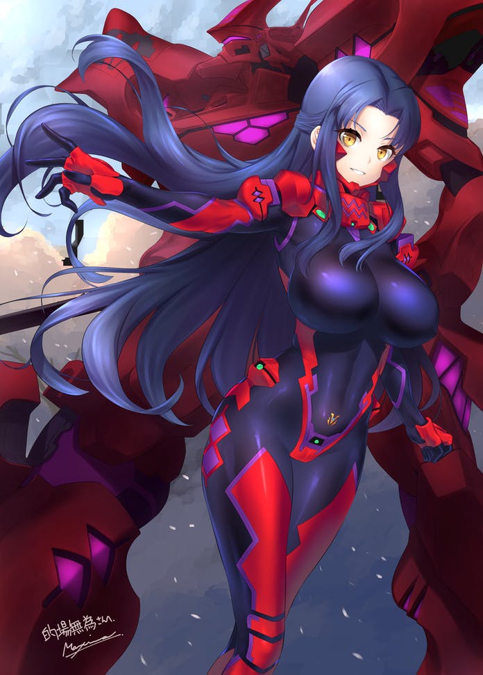 1girl blue_hair breasts brown_eyes clenched_hand commission covered_navel fortified_suit hair_behind_ear large_breasts long_hair makishima_azusa mecha mecha_pilot_suit muv-luv muv-luv_alternative open_hand original parted_lips pilot_suit robot skeb_commission skin_tight smile tactical_surface_fighter type_00_takemikazuchi very_long_hair visor