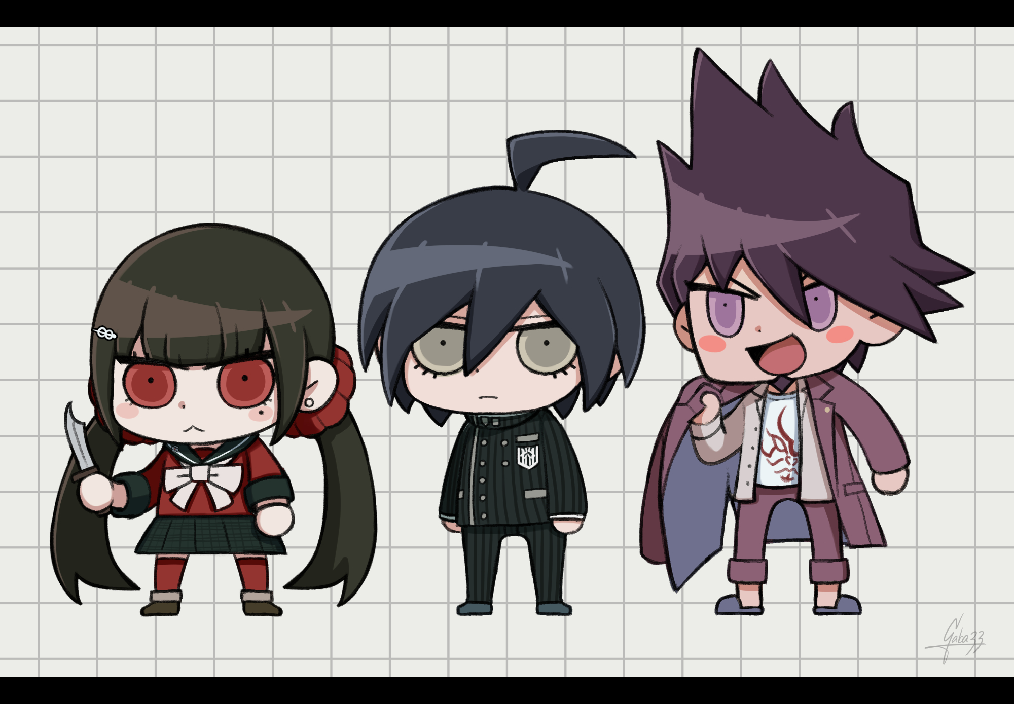 1girl 2boys ahoge black_hair black_jacket blunt_bangs blush bow bowtie brown_eyes brown_hair buttons chibi chibi_only collared_jacket commentary_request danganronpa_(series) danganronpa_v3:_killing_harmony facial_hair gaba33 goatee grid_background hair_between_eyes hair_ornament hair_scrunchie harukawa_maki highres holding holding_knife jacket knife long_hair long_sleeves looking_at_viewer low_twintails mole mole_under_eye momota_kaito multiple_boys open_mouth pants parody pleated_skirt purple_eyes purple_facial_hair purple_hair red_eyes red_scrunchie red_shirt red_thighhighs saihara_shuichi sailor_collar school_uniform scrunchie shirt short_hair skirt smile spiked_hair standing striped_clothes striped_jacket style_parody thighhighs twintails vertical-striped_sleeves white_bow white_bowtie