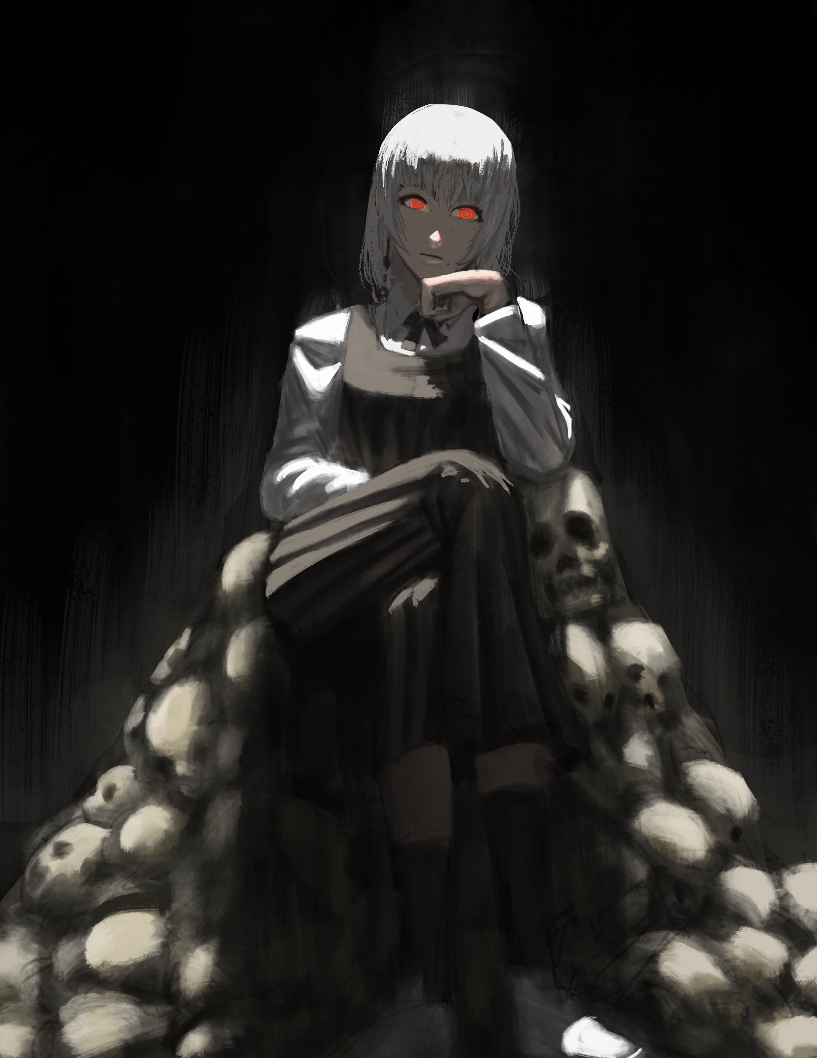 1girl black_dress black_socks chainsaw_man crossed_legs dress fami_(chainsaw_man) fourth_east_high_school_uniform highres kneehighs pile_of_skulls pinafore_dress red_eyes school_uniform shirt sitting sleeveless sleeveless_dress socks solo titann white_hair white_shirt