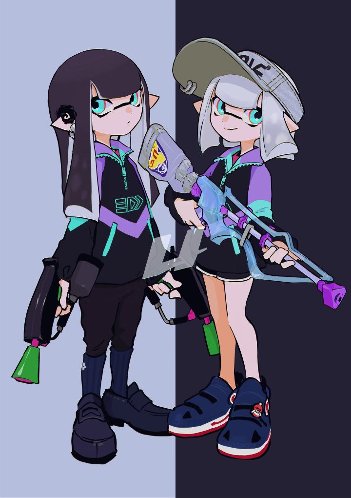 2girls :/ black_background black_footwear black_hair black_pants black_shorts blue_eyes blue_footwear blue_socks closed_mouth commentary crocs earrings grey_background grey_hair holding imaikuy0 inkling inkling_girl inkling_player_character jacket jewelry long_hair long_sleeves multiple_girls nintendo pants pierced_hat pointy_ears shoes short_hair shorts single_earring smile socks socks_over_pants splat_dualies_(splatoon) splatoon_(series) squiffer_(splatoon) standing sweatpants symbol-only_commentary tentacle_hair two-tone_background visor_cap zipper zipper_pull_tab