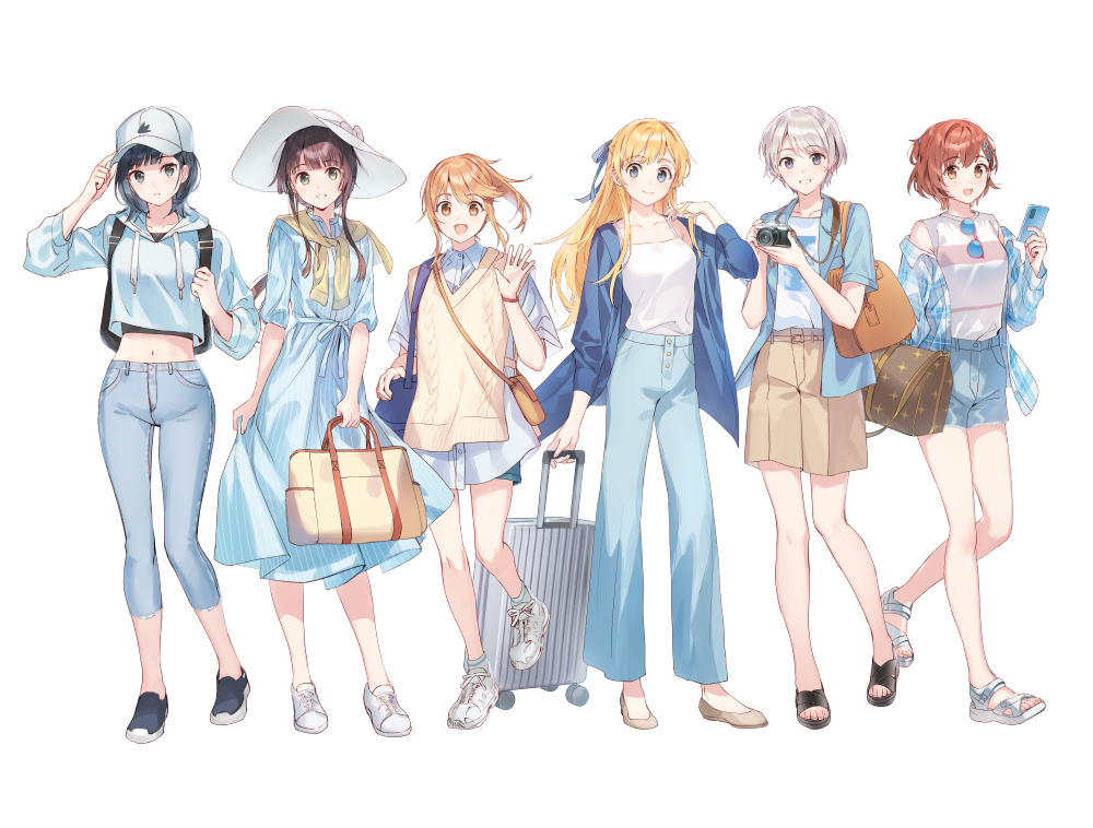 6+girls :d arm_up backpack bag baseball_cap black_footwear blonde_hair blue-tinted_eyewear blue_dress blue_eyes blue_hair blue_jacket blue_pants blue_shorts breasts brown_eyes brown_hair brown_shorts camera camisole cellphone character_request chitose-kun_wa_ramune_bin_no_naka collared_shirt commentary_request crop_top dress dress_shirt eyewear_hang grey_eyes grey_hair grey_hoodie grey_pants hand_on_headwear hat holding holding_camera holding_phone hood hood_down hoodie jacket jacket_around_neck midriff multiple_girls navel off_shoulder open_clothes open_jacket open_mouth pants phone plaid_clothes plaid_jacket rolling_suitcase shirt shoes short_shorts short_sleeves shorts small_breasts smile standing striped_clothes striped_dress suitcase sunglasses sweater_vest tinted_eyewear unworn_eyewear vertical-striped_clothes vertical-striped_dress weee_(raemz) white_camisole white_hat white_shirt yellow_jacket