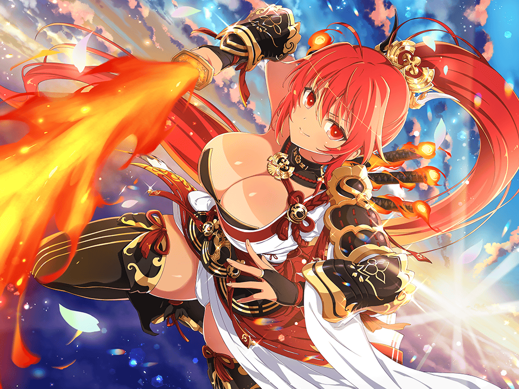 1girl armor bikini_tan black_thighhighs breasts cleavage closed_mouth dark-skinned_female dark_skin fire flaming_sword flaming_weapon game_cg hair_ornament holding holding_sword holding_weapon homura_(senran_kagura) japanese_armor japanese_clothes katana large_breasts long_hair looking_at_viewer midair multiple_swords non-web_source official_alternate_costume official_alternate_hairstyle official_art ornate_armor ponytail red_eyes red_hair senran_kagura senran_kagura_new_link sky smile solo sunlight sword tan tanline thighhighs unsheathed very_long_hair weapon weapon_on_back