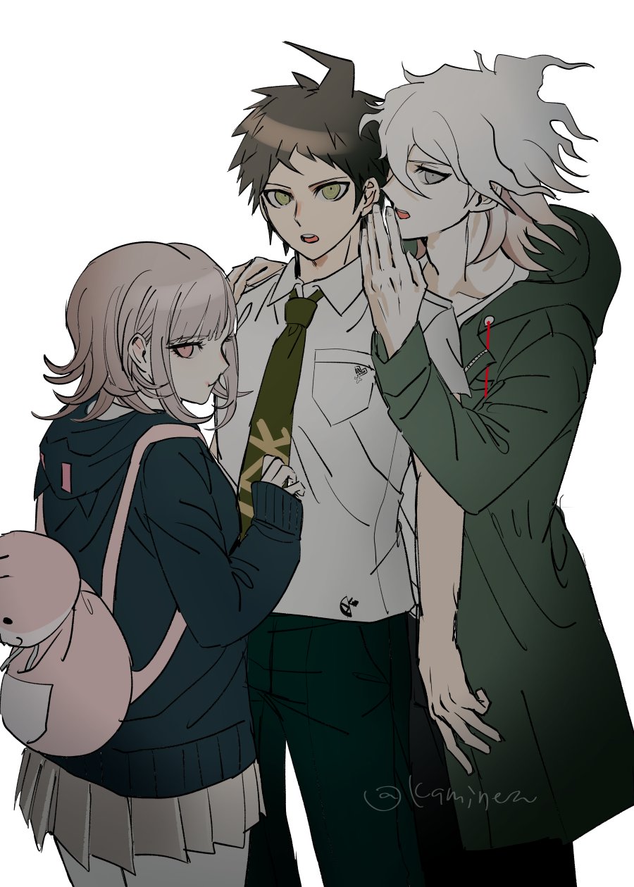 1girl 2boys :o ahoge animal_bag black_jacket brown_hair brown_skirt cat_bag collared_shirt cowboy_shot danganronpa_(series) danganronpa_2:_goodbye_despair green_jacket green_necktie grey_hair highres hinata_hajime hood hood_down hooded_jacket jacket kaminezu komaeda_nagito long_sleeves looking_at_viewer messy_hair miniskirt multiple_boys nanami_chiaki necktie pink_bag pleated_skirt shirt short_hair short_sleeves simple_background skirt teeth tongue white_background