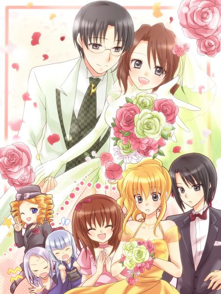 07th_expansion 2boys 6+girls alternate_costume black_hair blonde_hair blue_eyes brown_hair dress drill_hair closed_eyes flower gaap_(umineko) hat hime_cut kanon_(umineko) long_hair maekawa_suu mini_hat mini_top_hat multiple_boys multiple_girls necktie no_naku_koro_ni_(series) ponytail ribbon rose shannon_(umineko) short_hair silver_hair sumadera_kasumi top_hat umineko_no_naku_koro_ni ushiromiya_george ushiromiya_jessica ushiromiya_maria virgilia_(umineko) wedding_dress