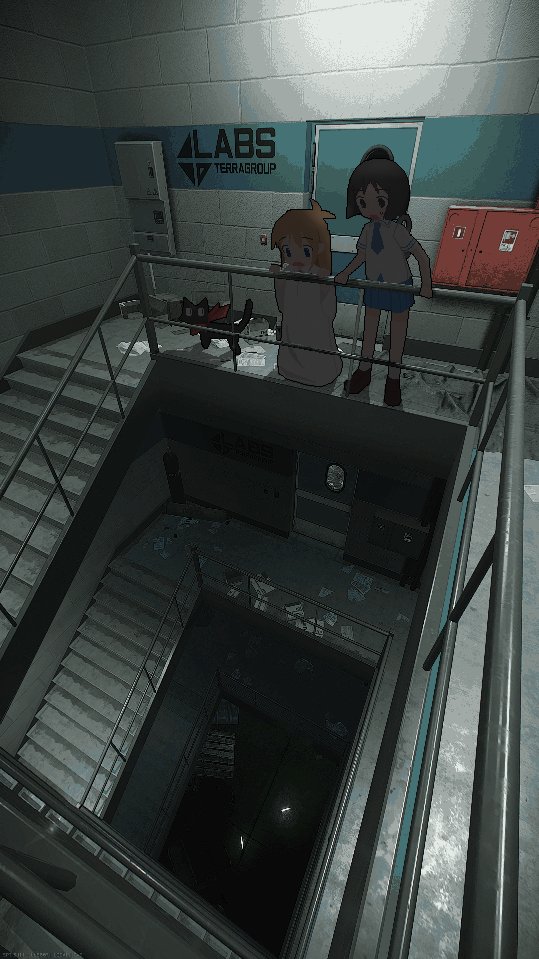 2girls black_hair brown_hair hayasabro indoors multiple_girls nichijou professor_shinonome shinonome_nano short_hair spiral_staircase stairs standing window