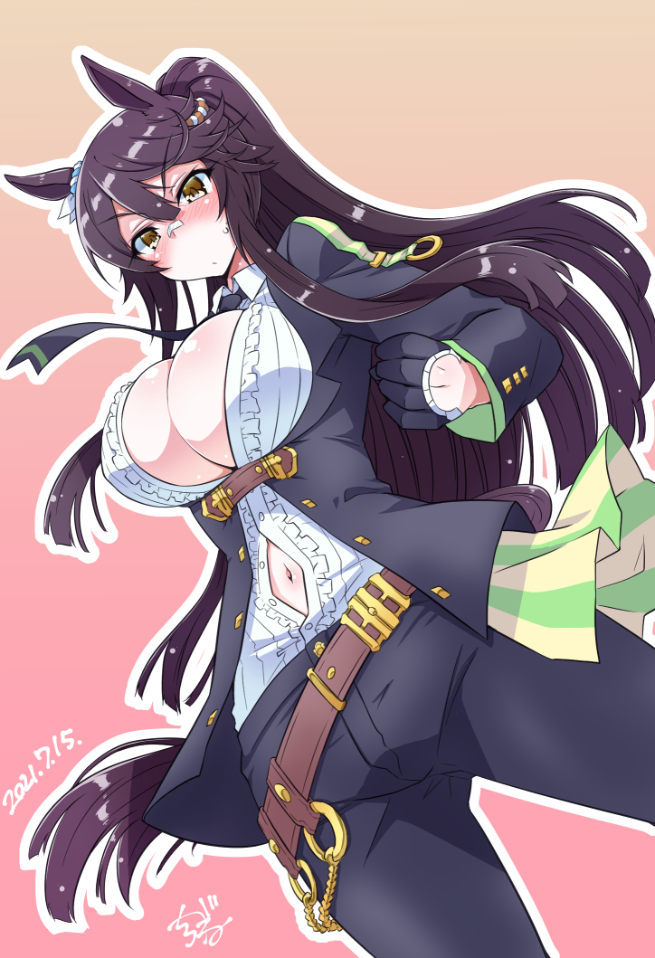 1girl animal_ears bandaid bandaid_on_face bandaid_on_nose belt black_gloves black_jacket breasts clenched_hand cosplay dated fuji_kiseki_(umamusume) fuji_kiseki_(umamusume)_(cosplay) gloves gradient_background horse_ears horse_girl horse_tail jacket large_breasts narita_brian_(umamusume) navel open_clothes open_shirt pants ponytail shirogane_(cufsser) signature tail umamusume