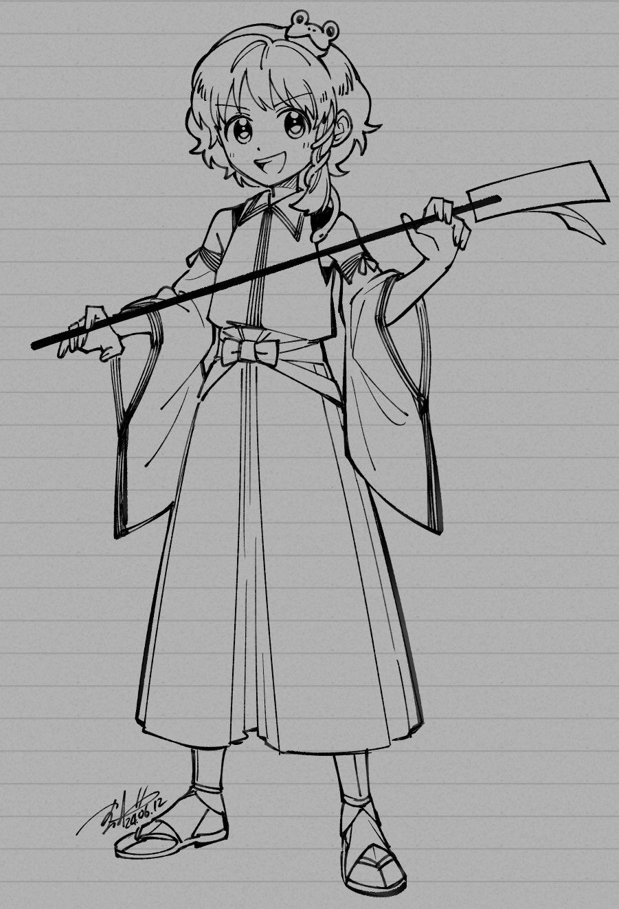 1boy :d detached_sleeves frog_hair_ornament genderswap genderswap_(ftm) gohei hair_ornament hair_tubes hakama highres japanese_clothes kochiya_sanae miko monochrome open_mouth shikido_(khf) short_hair signature single_hair_tube smile snake_hair_ornament solo standing touhou traditional_media