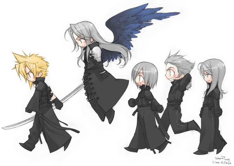 00s 1990s_(style) 5boys blonde_hair chibi cloud_strife final_fantasy final_fantasy_vii final_fantasy_vii_advent_children jpeg_artifacts kadaj long_hair loz male_focus multiple_boys sephiroth short_hair silver_hair sword toujou_sakana weapon wings yazoo