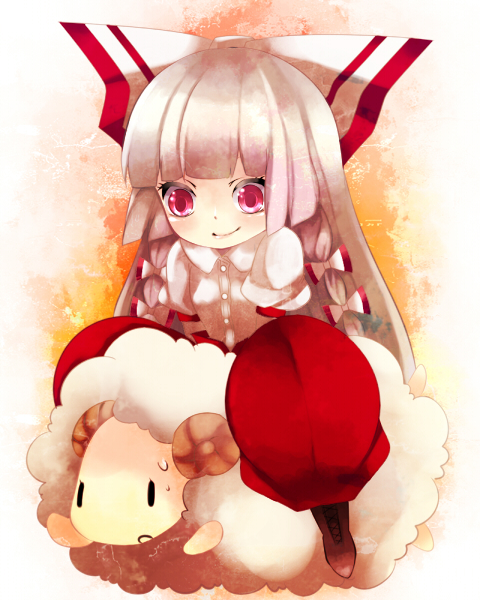 1girl bad_id bad_pixiv_id bow female_focus fujiwara_no_mokou hair_bow hair_ribbon kozue long_hair multiple_hair_bows red_eyes ribbon sheep silver_hair sitting solo suspenders touhou yukibina