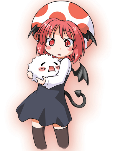 1girl bat_wings blush blush_stickers chibi cosplay crossover dress embodiment_of_scarlet_devil female_focus gradient_background head_wings kedama_(touhou) koakuma mario_(series) myonde nintendo red_eyes red_hair short_dress simple_background solo super_marisa_world tail thighhighs toad_(cosplay) toad_(mario) touhou wings zettai_ryouiki