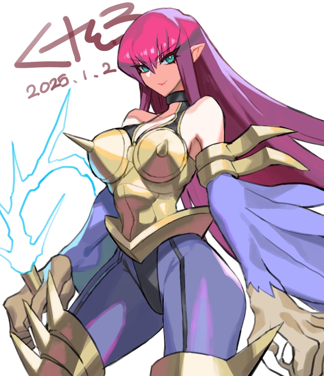 1girl armor bare_shoulders blue_eyes breasts cowboy_shot cyber_harpie_lady dated duel_monster energy_whip gold_armor harpie_lady harpy holding holding_whip large_breasts monster_girl nipple_spikes pointy_ears red_hair simple_background solo ukimukai white_background winged_arms wings yu-gi-oh!