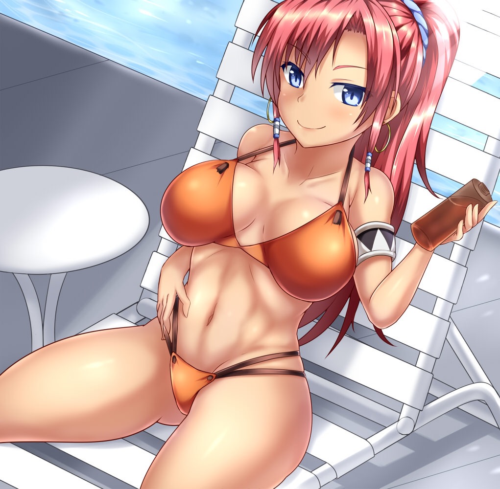 1girl artist_request bellows_(suisei_no_gargantia) bikini blue_eyes breasts cleavage large_breasts looking_at_viewer lying navel orange_bikini ponytail pool red_hair smile suisei_no_gargantia swimsuit thighhighs thighs