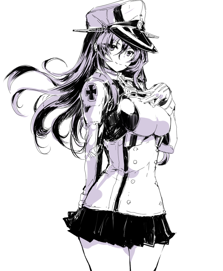 1girl ashigara_(kancolle) bismarck_(kancolle)_(cosplay) breasts cosplay cowboy_shot cross fang female_focus gloves hand_on_own_chest hat iron_cross kantai_collection large_breasts long_hair looking_at_viewer monochrome peaked_cap pleated_skirt prinz_eugen_(kancolle) prinz_eugen_(kancolle)_(cosplay) purple_theme simple_background sketch skirt smile solo sumisu_(mondo) white_background